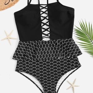 One piece black white design bathing suit lace up